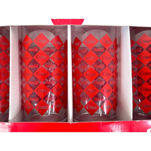 Coca-Cola Coca Cola Hi Ball Diamond Red Print Glass - Set of 4 NEW IN BOX - Picture 3 of 8